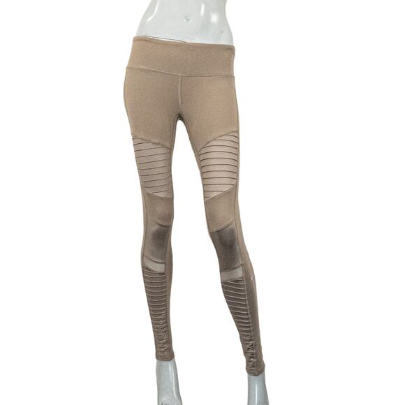 ALO Yoga Women's High Waist MOTO Leggings Mesh trim in tan Gravel Size Small - Picture 1 of 11
